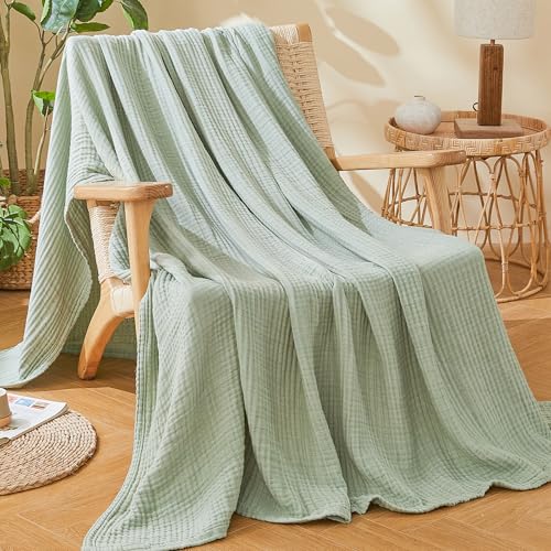EMME Cotton Muslin Large Throw Blanket Couch Breathable Gauze Soft Lightweight Bed Blankets Adults (Heather Sage Green, 50"x70")