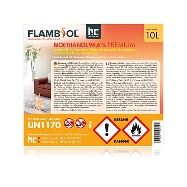 Höfer Chemie 2 x 10 L (20 Liter) FLAMBIOL® Bioethanol 96,6% Premium für Ethanol Kamin, Ethanol Feuerstelle, Ethanol… – Bild 7