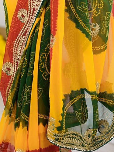 Image of Satrani Women's Georgette Bandhani Printed Embroidered gota lace Saree with Unstitched Blouse Piece