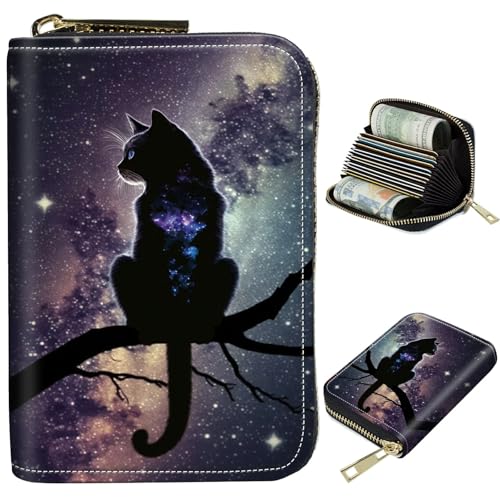 Image of Cute Credit Card Holder with Zipper, Cat Nebula RFID-Blocking Card Case Small Wallet for Women Men, Multi-slot Card Organizer Case Travel Accordion Wallet