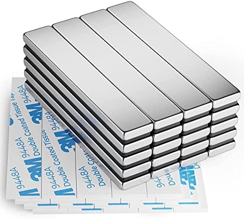 FINDMAG 20 Pack Magnets Strong, 60 x 10 x 3 mm Magnetic Strips, Neodymium Magnets, Bar Magnets, Rare Earth Magnets with Double-Sided Adhesive, Extremely Powerful Fridge Magnet Bar for Multi-Use