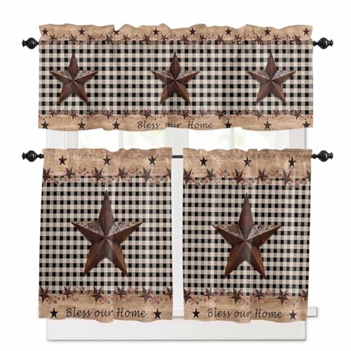 Texas Star Plaid Kitchen Curtains 36 Inch Length, 3 Piece Rod Pocket Small Half Tiers and Valance Set, Farmhouse Black Brown Texas Vintage Small Large Window Treatment Decor for Bedroom/Bathroom Sink