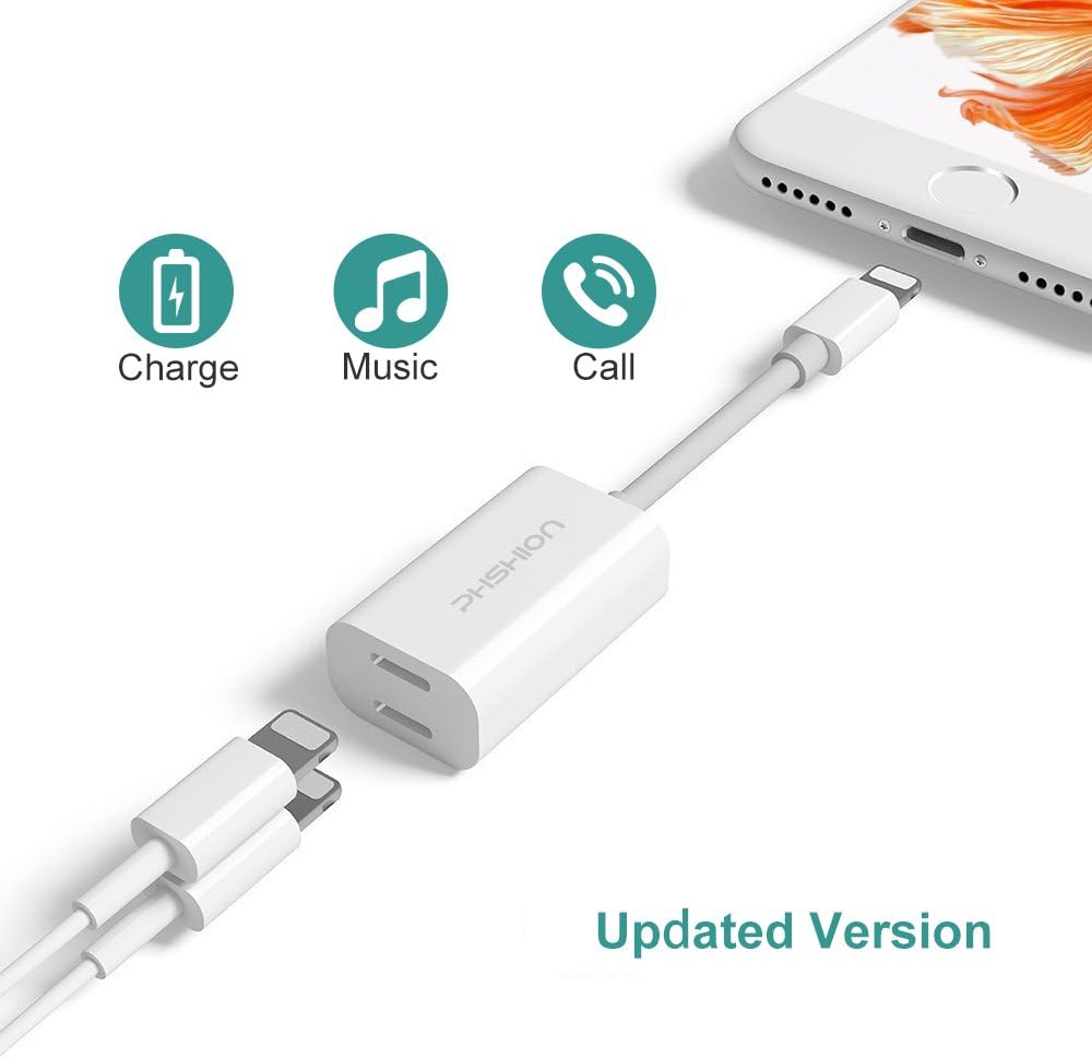 iPhone 8/8 Plus Dual Lightning Adapter & Splitter, Phshion Double Lightning Port Jack with Audio, Charge and Sync Data for iphone 7/7 Plus, Compatible with iPhone X and ios 11