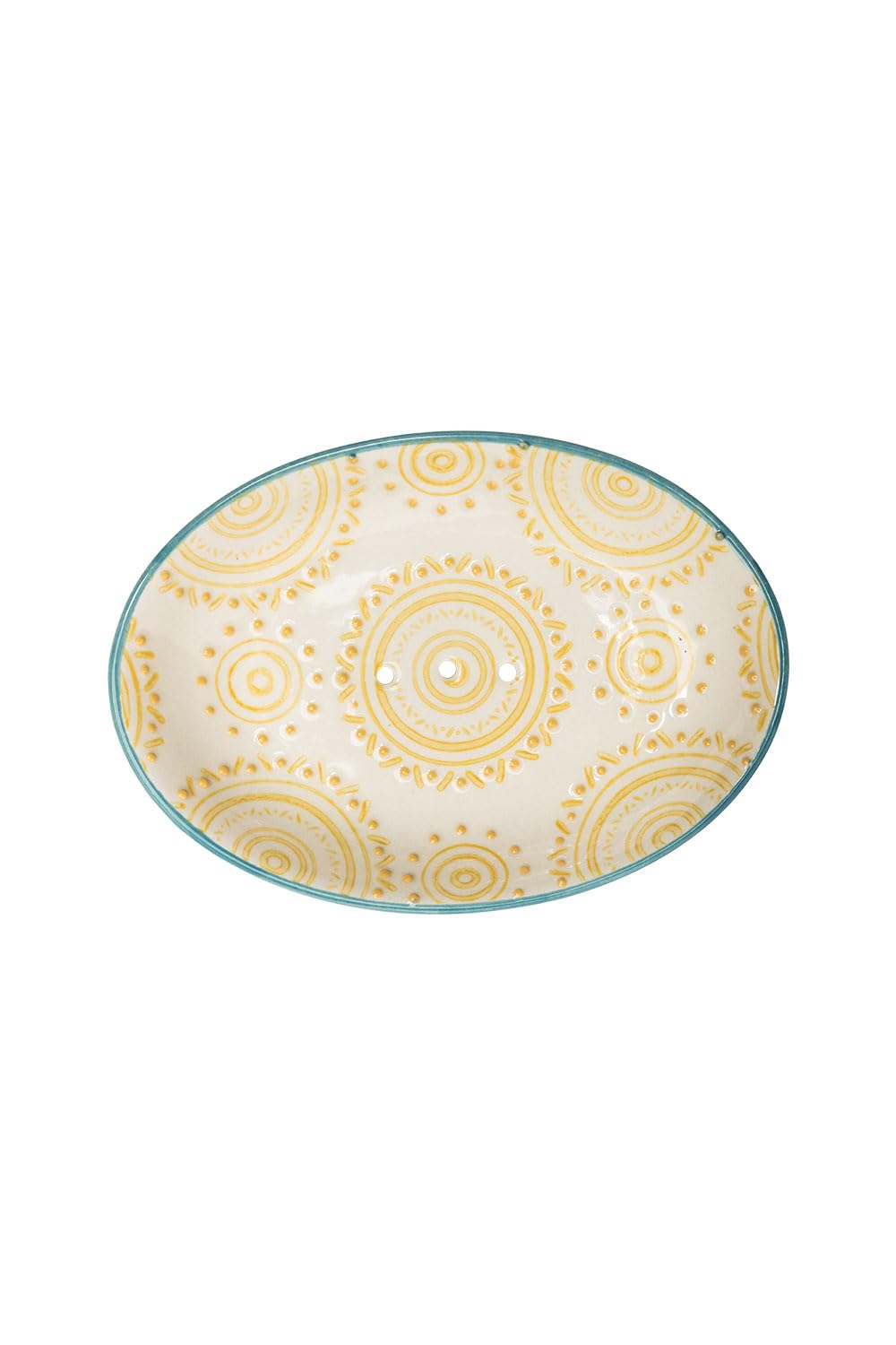 Tranquillo Boho Chic Oval Stoneware Soap Dish with Yellow Print with Holes for Drainage 14 x 9.5 x 2 cm, Multicoloured