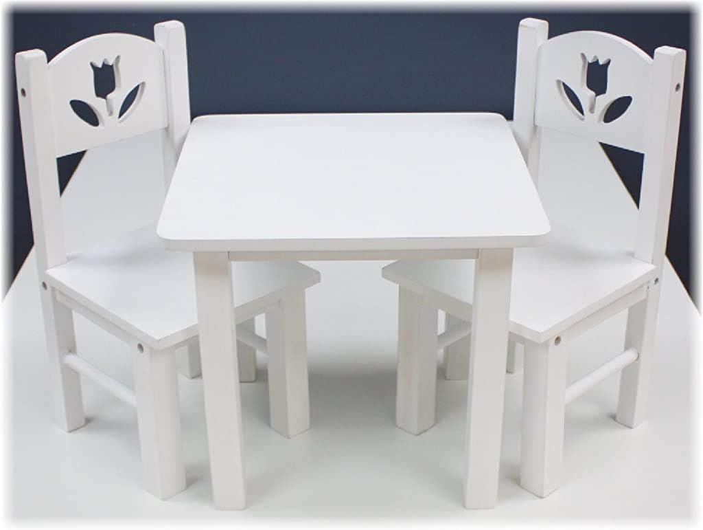 Doll Furniture- 18" Wooden Table and Chairs Set - (18" White Floral) Fits American Girl Dolls