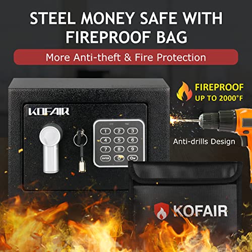 Kofair Safe Box For Home Safe (0.23 Cubic Feet) With Fireproof Bag, Personal Safe Box For Money Safe For Cash Saving, Mini Safe Box With Key, Digital Safety Box With Light, Money Lock Box #TOP3