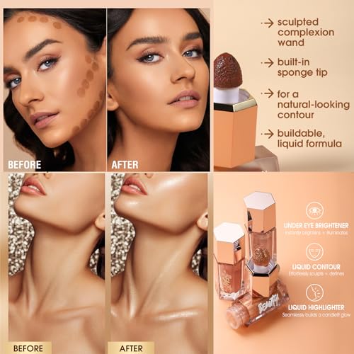 3PCS Liquid Highlighter Contour Blush Sticks - Langanhaltende Wasserdichte Rouge Makeup, Natürlich Gesichts Konturierungs Stift mit Sponge Tip - Buildable Contouring Bronzer