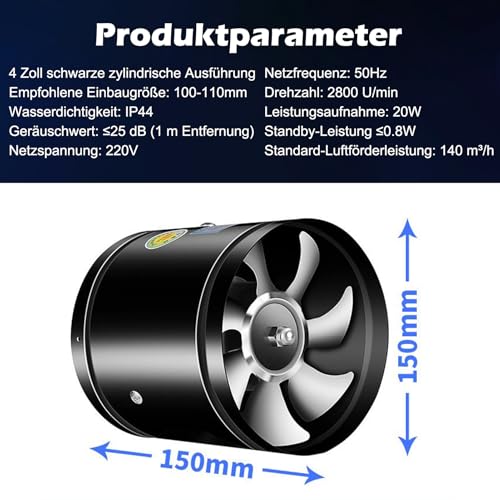 Fuerdich Rohrventilator 150mm, Inline-Rohrventilator, 600m³/h Rohrlüfter, 45dB Abluft für Bad Küche Gewächshaus Zelt Garage