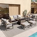 Sundale Outdoor Aluminum Patio Furniture Set w/Fire Pit, 7 Pcs Modern Outdoor Furniture, Metal Patio Conversation Sets for Deck, Backyard, Porch (Grey)