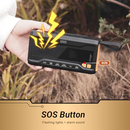 Kurbelradio DAB/FM/Bluetooth -August MB290B- Solar Radio 4500mAh wiederaufladbare Powerbank, 3 Modi LED Taschenlampe Sleeptimer SOS-Alarm 3.5mm Notfallradio mit Handkurbel für Camping Wandern Zelten