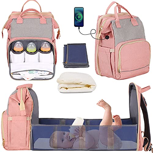Manrany 3 in 1 Diaper Bag Backpack with Changing Station, Travel Bassinet Foldable