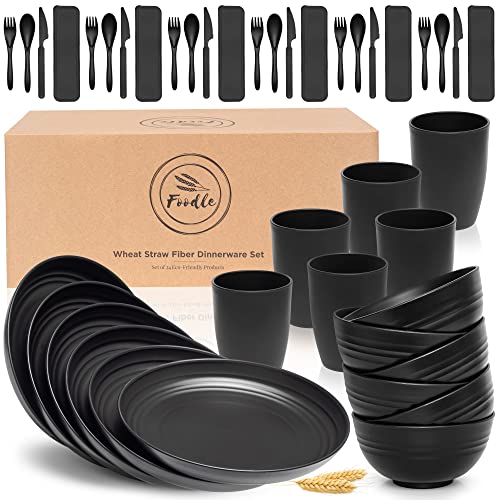 FOODLE Wheat Straw Dinnerware Set - RV, Camping Plates Cups and Bowls Set