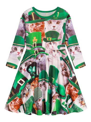 Image of WonderBabe Toddler Girl St Patricks Day Outfit Kids Long Sleeve Printed Swing Dresses Shamrock Clover Casual Dress Clothes