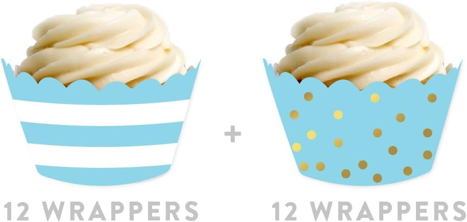 Andaz Press Party Cupcake Wrapper Decorations, Baby Blue Stripes and Metallic Gold Ink Polka Dots, 24-Pack, Theme Colored Bulk Cake Supplies
