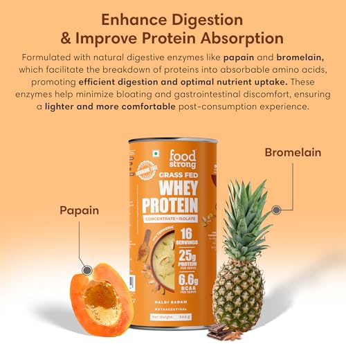 Image of Foodstrong Whey Protein Powder (Concentrate + Isolate), 100% Hormone Free Grass-Fed Whey, 25G Protein & 6.6G BCAA, Haldi Badam, With Turmeric & Digestive Enzymes, 16 Sachets, 544G