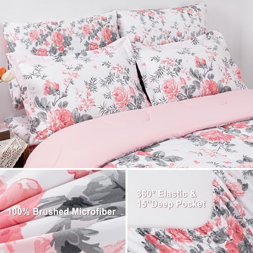 Image of lasoftan Floral King Comforter Set with Sheets, 7 piece Luxury Vintage Bedding, Soft Microfiber Bed in a Bag, Cozy Lightweight Bed Set, Pink Flower Grey Leaf