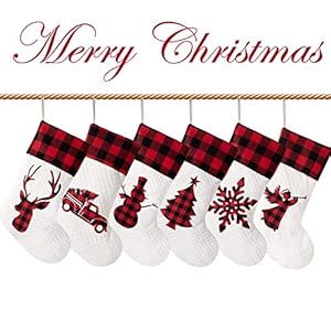 LUBOT Set of 6 Christmas Stocking(20inch) Silhouette Buffalo Red Plaid/Rustic/Farmhouse/Country Cotton Fireplace Hanging Xmas Stockings Decorations for Family Holiday Season Decor LUBOT Set of 6 Christmas Stocking20inch Silhouette Buffalo Red PlaidRusticFarmhouseCountry Cotton Fireplace Hanging Xmas Stockings Decorations for Family Holiday Season Decor