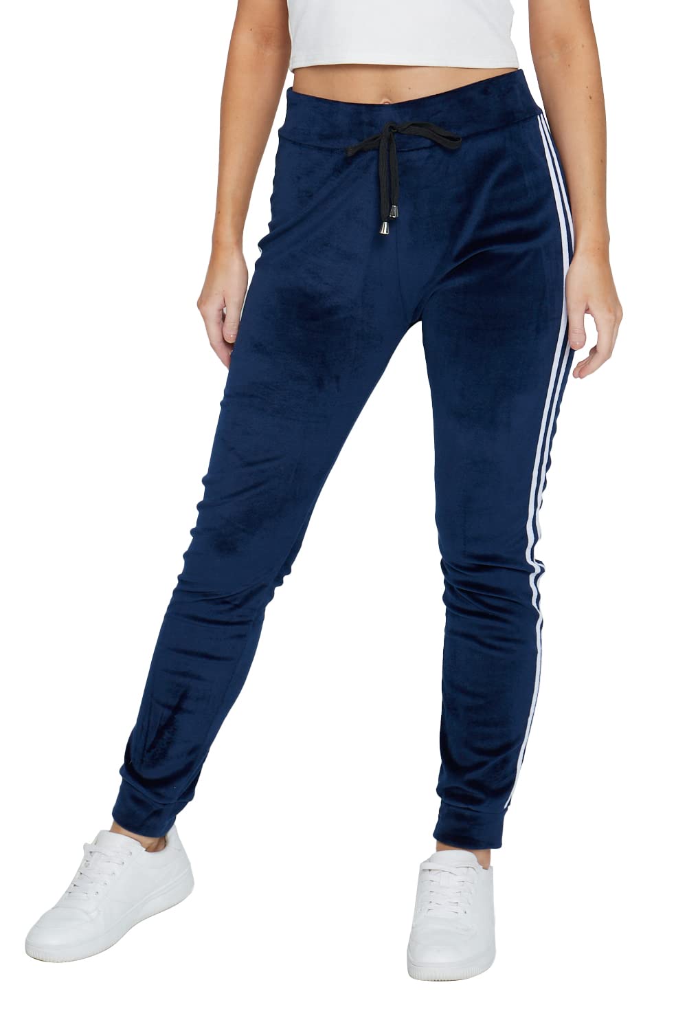 Women's Velour Jogger Sweatpants – Soft Velvet Tracksuit Bottoms with Side Stripes, High Rise, Elastic Waistband (8-14) Navy