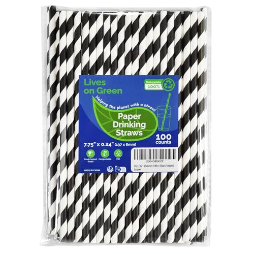 Lives on Green Black White Striped Biodegradable Paper Drinking Straws Unwrapped 7.75 inch 100 Counts - for Cocktail Juice Decoration Crafts