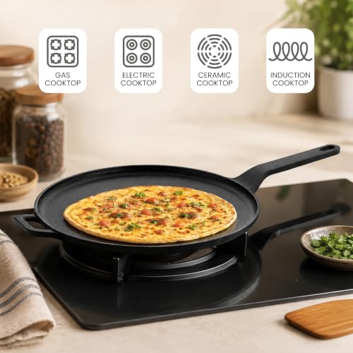 Image of HomeEssentials Non-Stick 28cm Cast Iron Dosa Tawa with Silicone Handle | Non-Stick Cooking & Serving Pan for Dosa, Chapati, Roti, Pizza, Pancakes, Omelets and Daily Cooking