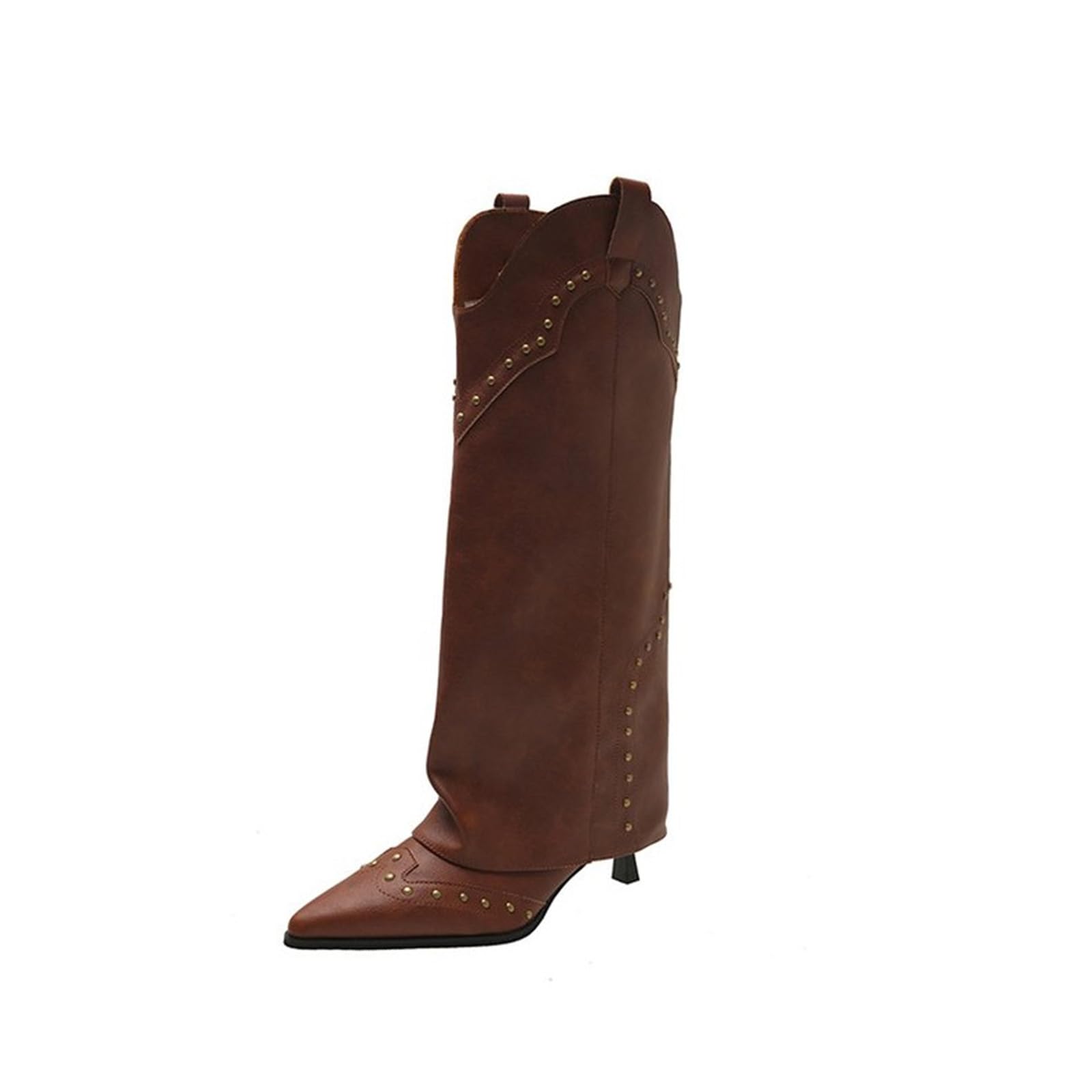 Black Fold Over Knee Length Boots for Women Fashion Pull on Snip Toe Cowboy CowGirl Studded Slouch Party