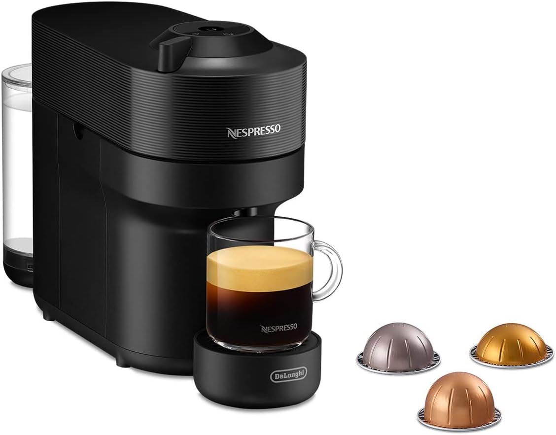 DeLonghi Nespresso Vertuo Pop ENV90.B, Macchina Caffè a Capsule con Tecnologia Centrifusion, 4 Formati in Tazza, Incluso Set di Benvenuto con 12 Capsule, 1260W, Liquorice Black