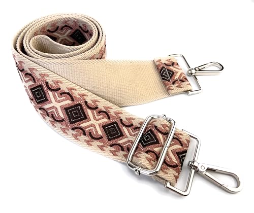 Image of Ivory Brown Boho Diamond Purse Strap with Silver Hardware 2 Inch Wide Replacement Crossbody Guitar Style Shoulder Strap for Handbags Totes