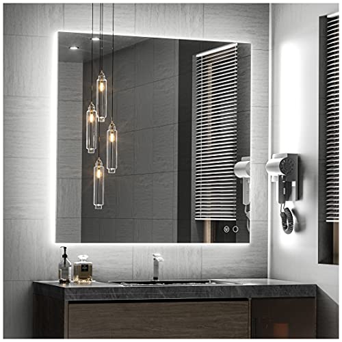 Keonjinn 36 x 36 Inch LED Bathroom Mirror with Lights Backlit Mirror Square Lighted Bathroom Mirror Anti-Fog Wall Mounted LED Vanity Mirror Large Dimmable Makeup Mirror
