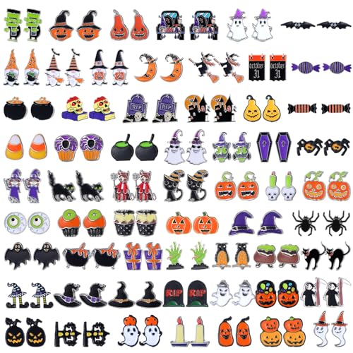 Estune 60 Pairs Halloween Earrings Bulk for Women Halloween Cute Stud Earrings Sets Ghost Pumpkin Witch Party Jewelry Gifts