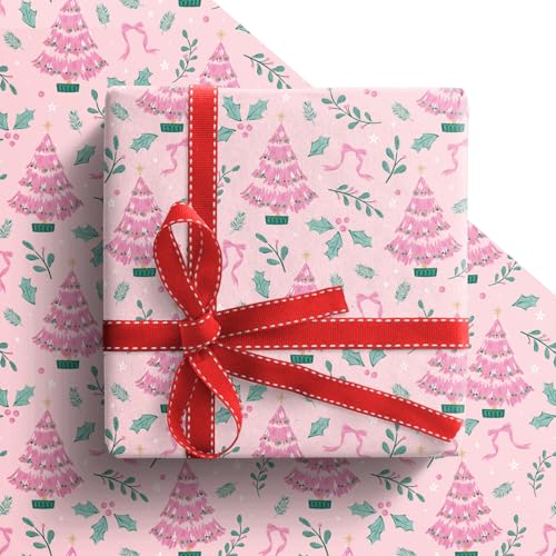 GIOLAINY Pink Christmas Wrapping Paper for Girls Women Kids - Holiday Gift Wrap with Pink Xmas Tree with Bows & Holly Design - 4 Sheets (28 x 40 inches) Easy to Store