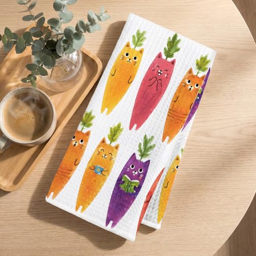 Image of Hanamiya Na Funny Carrot Cat Kitchen Towels 24x14 Inch, Veggie Cats Reusable Dish Towels for Kitchen Bathroom Decor, Waffle Weave Hand Cloth Tea Towel, Cat Lover Gifts for Women Girls Friend