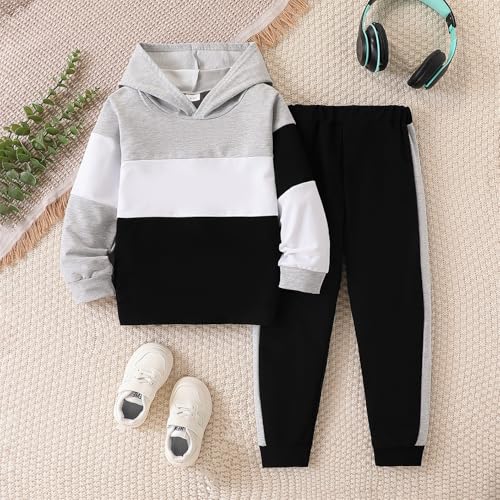 Image of 5-11Y Boys Clothes Long Sleeve Hooded Pullover Colorblock Sweatshirt + Pants 2pcs Fall Winter Outfit Set