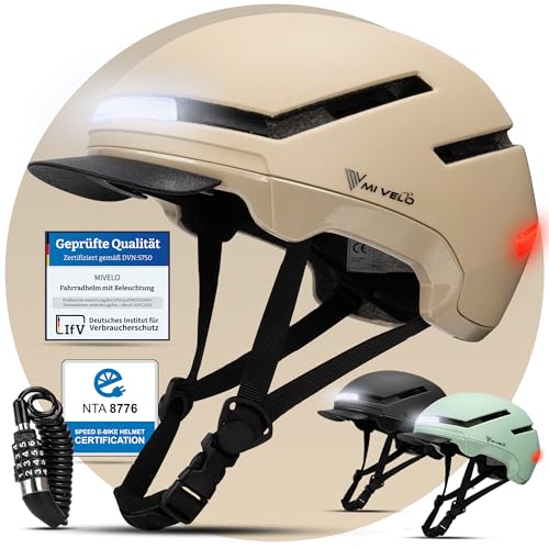 MIVELO Fahrradhelm Damen Herren Erwachsene mit Licht inkl. Helmschloss, NTA Zertifiziert bis 45km/h, Helm geeignet für E-Bike & S-Pedelec, Radhelm Ultraleicht & sicher, Unisex (Beige, M (54-58cm))
