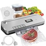 Food Vacuum Sealer Machine, 6-in-1 Food Sealing Machine: 75Kpa Strong Suction, with Digital Timer, External Cutter, Dry/Wet Separation Mode, Equipped with 20 Vacuum Bags for One Click Operation