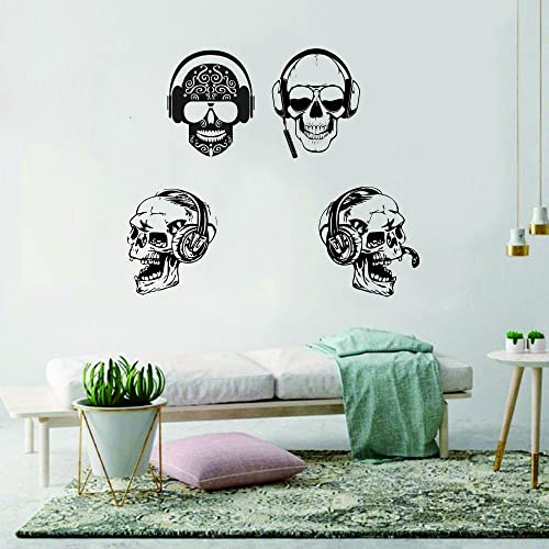 Anfrjji Skull And Music Wall Sticker - Removable Pvc Decal With Crazy Gamer Skulls And Headphones Design - Rock Pop Music Skull Wall Art For Music Room, Study Room - Effect 21"X39"Inch (Black-Jwh268-Skull) #TOP5