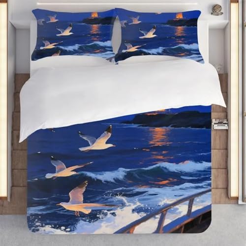 NDXRWDZR Çift Kişilik Nevresim 260 x 220 cm Yetişkin Deniz Feneri Mavi Martı Gizli Fermuarlı Nevresim Takımı Yumuşak Nefes Alabilir Mikrofiber Nevresim Takımı Nevresim Takımı ve 2 Yastık Kılıfı 50 x - Görsel 1