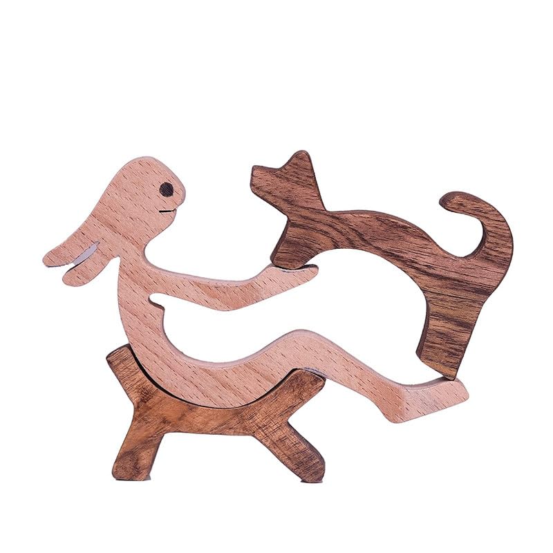 Wooden Animals Statue Figuras Decorativas Wood Sculptures Handicraft Showpiece Home Decor Wooden Family Statue Toy Woman and Cat with Spread Chair Statue Decorative Gift