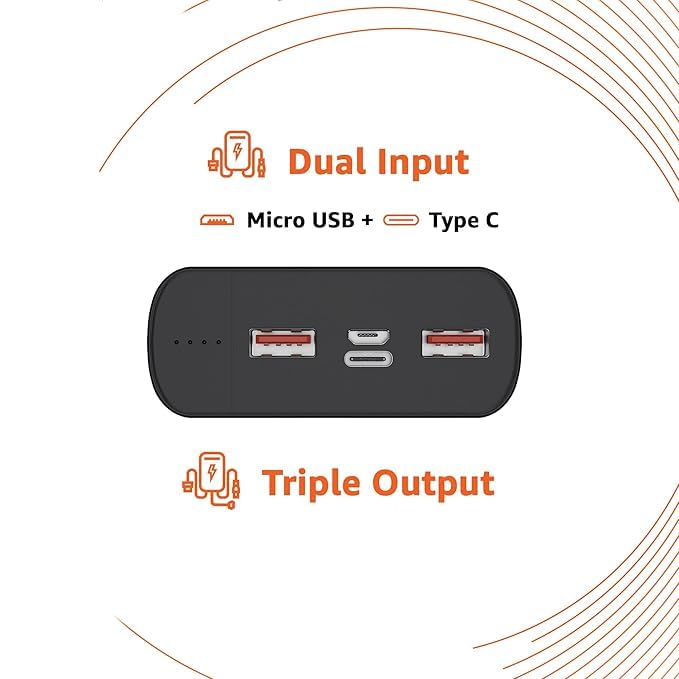 Image of (Refurbished) Power Bank 20000mAh 22.5W Fast Charging with Cable | Triple Output Ports |Dual Input Ports | Lithium Polymer Power Bank | Compact Metal Body (Black)