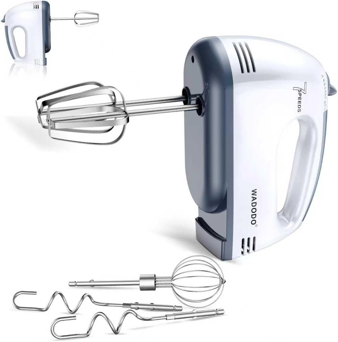 WADODO 7-Speed Electric Hand Mixer – Portable Food Mixer Kitchen Mixer with 304 *(1x Whisk, 2x Beater, 2x Dough hook) for Baking Cakes, Cookies, White WADODO-S-1 White
