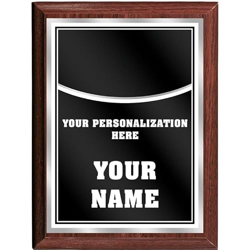 Crown Awards Personalized Plaque Award, 6x8 Color Printed Metal Plate with Custom Engraving, Black with White Plaque On Wood Finish