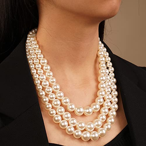 Chargances 3 Layered Beaded Strand Choker Pearl Statement Necklace and Earrings Set Round Ball Chunky Bib Collar for Women Gift Festival Party3