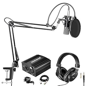 Neewer NW-700 Pro Condensatormicrofoon (zwart/zilver) en monitor hoofdtelefoonset met 48 V fantoomvoeding, NW-35 arm schaararmstandaard, schokmontage en popfilter voor thuis en studio, geluidsopnamen