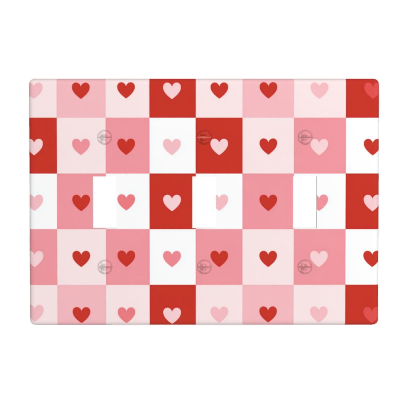 Checkerboard Valentine Squares Pink Hearts Light Switch Covers 3 Gang Triple Toggle Wall Plate Switchplate Electrical Faceplate for Bathroom Kitchen Bedroom Decor