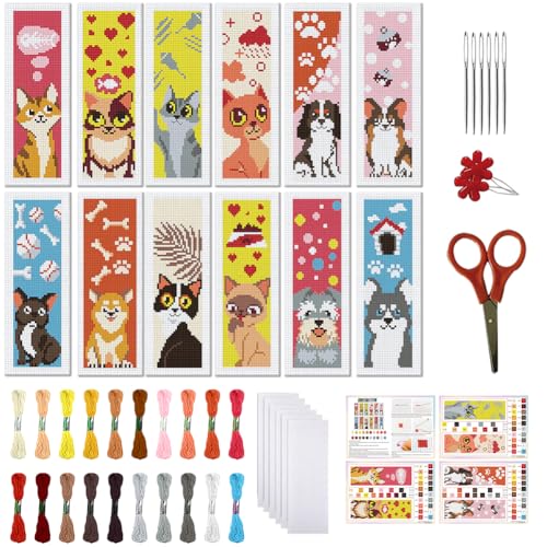 Image of FREEBLOSS 12 Set Cross Stitch Bookmark Kits Colorful Pet Pattern Stamped Cross Stitch Kit 11CT Embroidery Kit with Instructions for Beginners 8 * 2.4inch