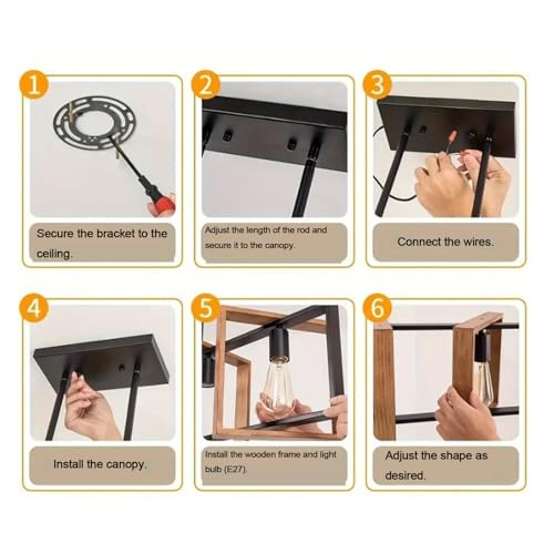 Lámpara de araña retro de madera maciza E27 rectangular para techos de cocina 7