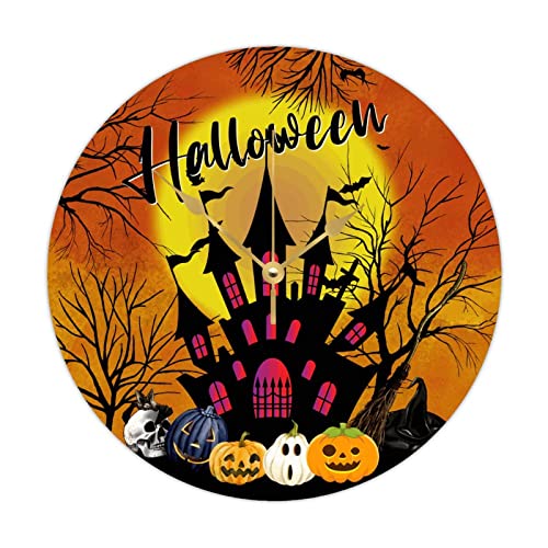 Horloge de nuit ronde en bois Halloween Citrouille Château Jaune Vintage Horloge à quartz 38cm