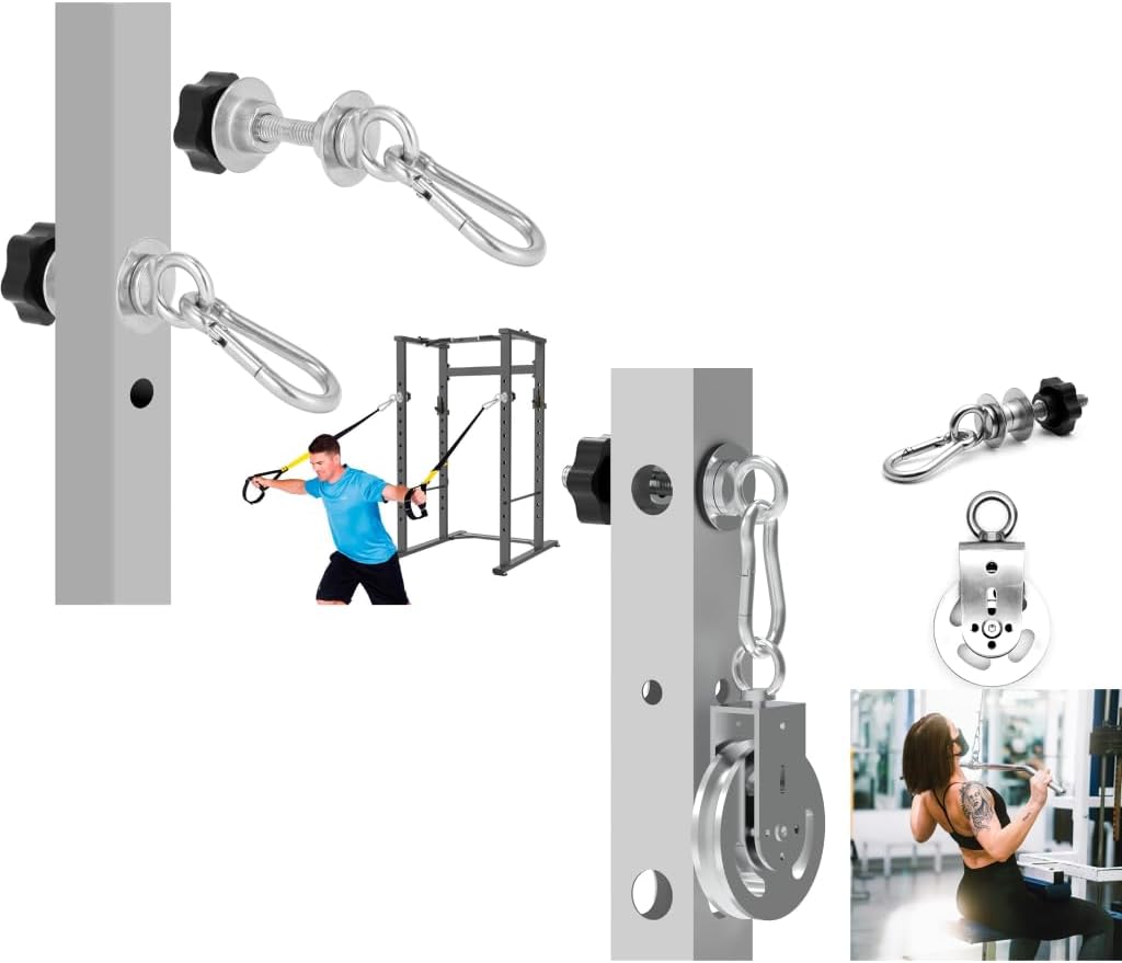 Power Rack Bundle: Heavy-Duty Stainless Steel Attachments and Cable Pulley System with Quick-Connect, Tool-Free Installation, Wobble-Free Fit for 2x2 & 3x3 Racks (1/2" or 1" Holes)