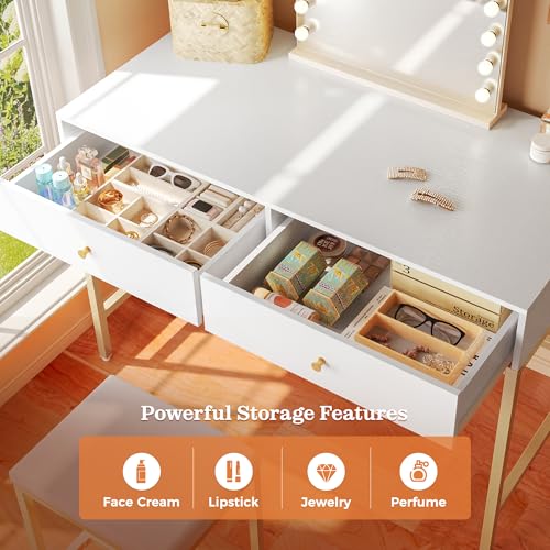 Image of SUPERJARE 31.5 inch White and Gold Desk with 2 Drawers, Modern Makeup Vanity