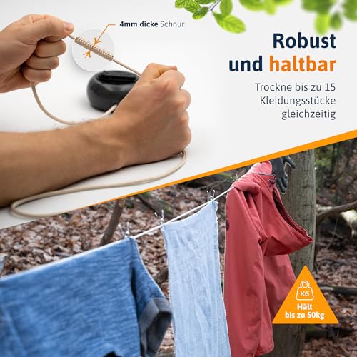 AUTDOOR® Wäscheleine ausziehbar, mit praktischer Kurbel - Extralange 10m Schnur - Perfekt für Camping & Reisen (Schwarz/Grau)