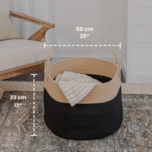 Image of OrganiHaus Round Toy Basket & Blanket Basket, Cotton Rope 20x13 inch | Black / Honey - Round Cotton Rope Basket, 20x13 inch